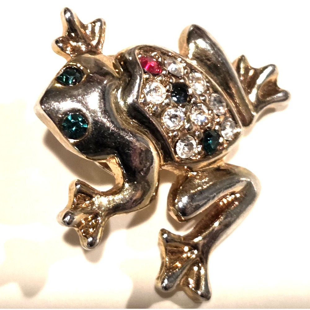 Tiny Frog Clutch Back Pin Goldtone Rhinestoned - Adorable - 1" x 1"